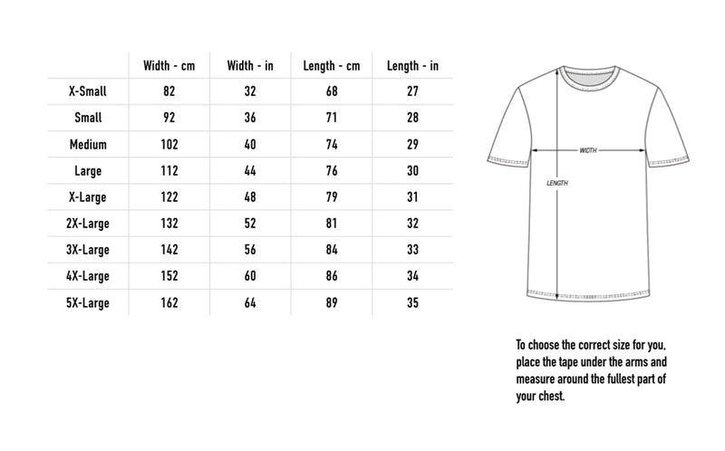 Size chart for Wrath Tee - Black