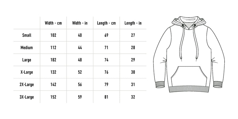 Size chart for Death Metal Hoodie - Light Pink